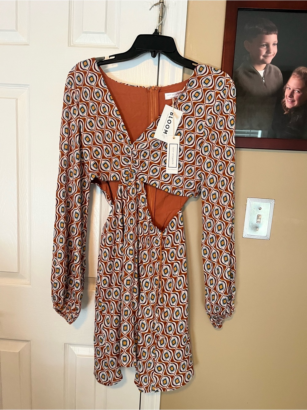 Shop neighbor Rust Geo Print Tie-Front Dress cut out waist new